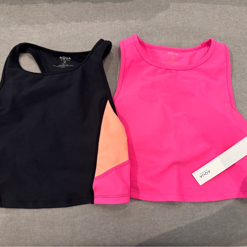 Aqua Black and Pink Asymmetrical Crop Tank Tops